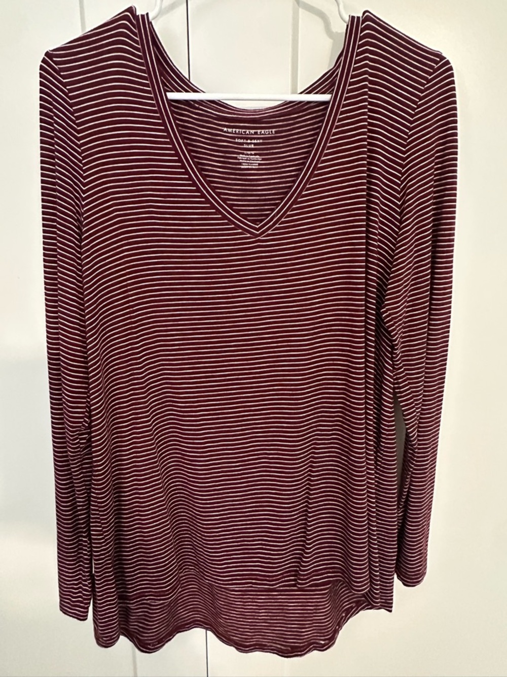 American Eagle Outfitters Burgundy and White Striped V-Neck Long Sleeve Top